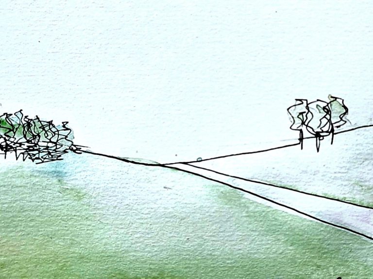 Eine Runde Klarheit: Coaching-Spaziergang Hügel und gerader Weg im minimalistischen Aquarellstil